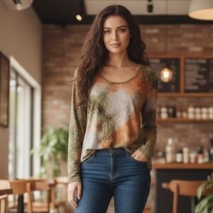 Ardoise Marbled Long Sleeve Top – Earthy Olive & Rust Tones – size XL